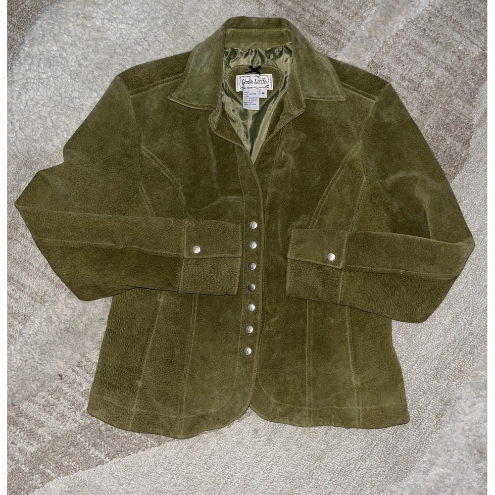 Live a Little Womens Olive Green Suede Leather Snap Front Jacket Size M 5449WS